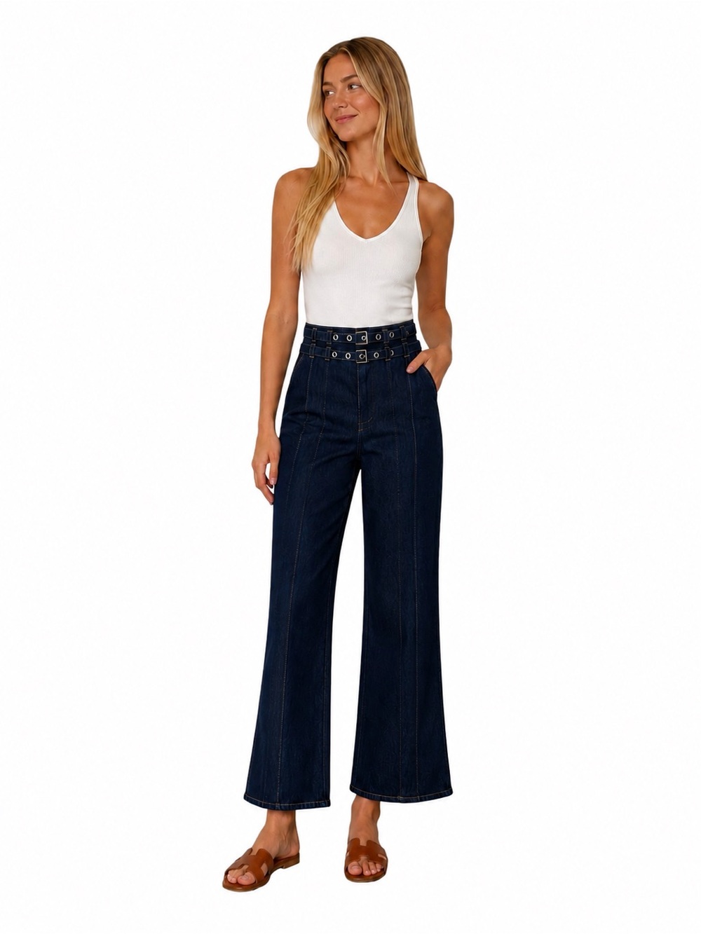 Cinq a Sept High Waist Double Belted Wide Flare Jeans Size 4 Dark Wash Ankle